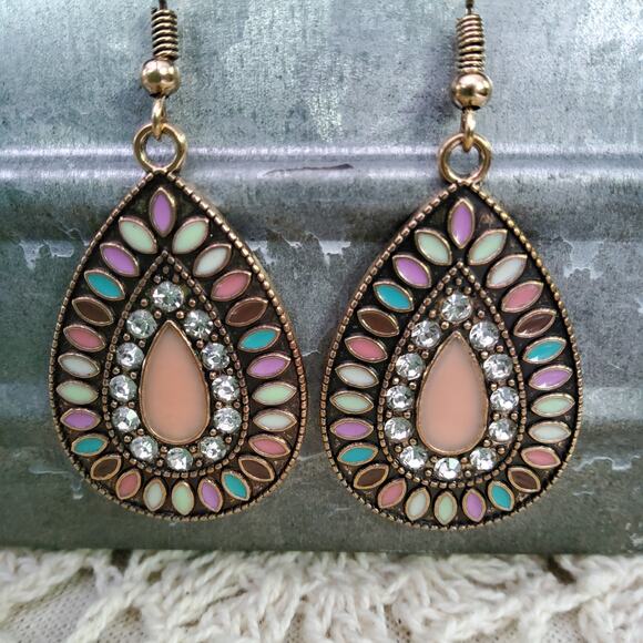 Rhinestone Multicolor Gold Tone Teardrop Dangle Earrings - Picture 2 of 10
